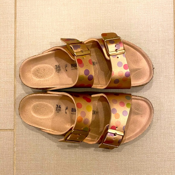 Birkenstock Arizona Sandals Kids’ Rose Gold Metallic/Multicolor Polka Dot - Picture 3 of 5